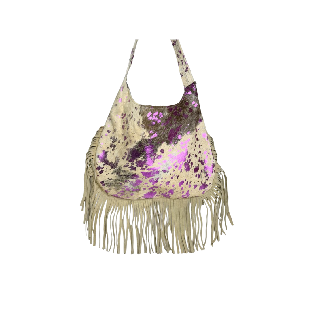 Bolso Hobo Artesanal - Piel de Res con Destellos Morado Blanca